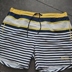 BOSS Men's Striped Swim Shorts - Navy, Yellow, White
